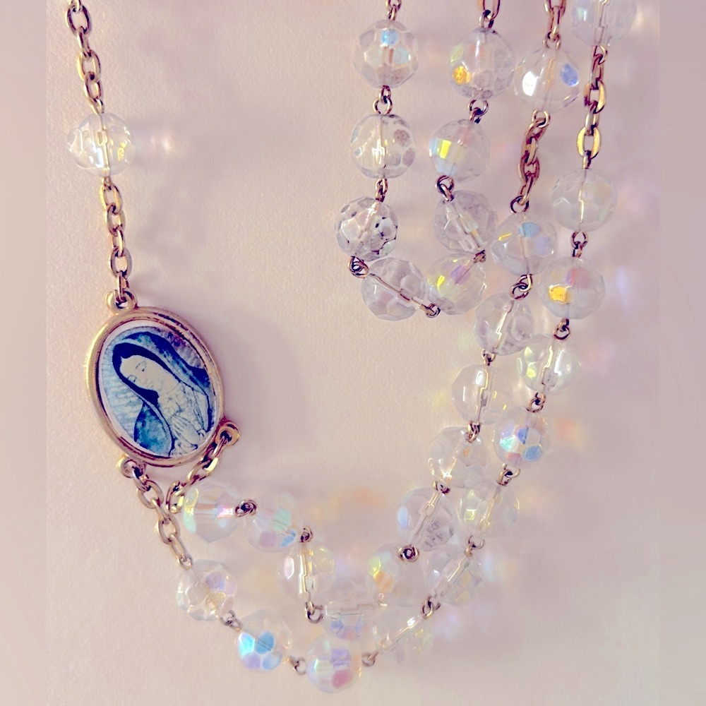 Vintage Rosary Aurora Borealis crystals, crucifix, Mary & Jesus 26”, 8” drop